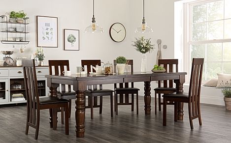 Hampshire Extending Dining Table & 4 Chester Chairs, Dark Solid Hardwood, Brown Classic Faux Leather, 150-200cm