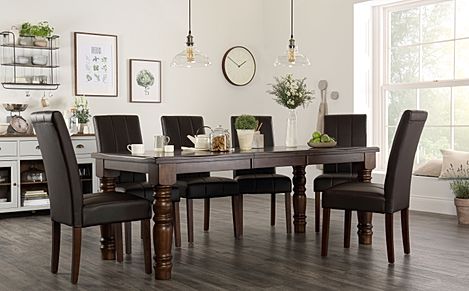 Hampshire Extending Dining Table & 6 Carrick Chairs, Dark Solid Hardwood, Brown Classic Faux Leather, 150-200cm