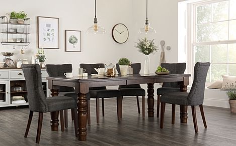Hampshire Extending Dining Table & 6 Bewley Chairs, Dark Solid Hardwood, Slate Grey Classic Linen-Weave Fabric, 150-200cm