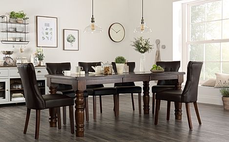 Hampshire Extending Dining Table & 6 Bewley Chairs, Dark Solid Hardwood, Brown Classic Faux Leather, 150-200cm