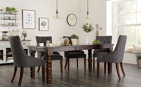 Hampshire Extending Dining Table & 6 Duke Chairs, Dark Solid Hardwood, Slate Grey Classic Linen-Weave Fabric, 150-200cm