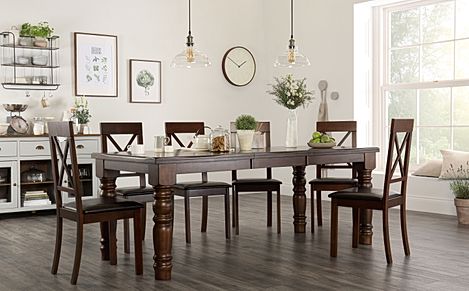 Hampshire Extending Dining Table & 6 Kendal Chairs, Dark Solid Hardwood, Brown Classic Faux Leather, 150-200cm
