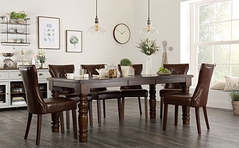 Hampshire Dark Wood Extending Dining Table with 8 Bewley Club Brown Leather Chairs