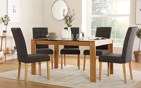 Tate 150cm Oak and Glass Dining Table with 6 Regent Slate Fabric Chairs
