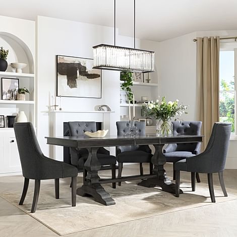 Cavendish Extending Dining Table & 6 Duke Chairs, Grey Oak Veneer & Solid Hardwood, Slate Grey Classic Linen-Weave Fabric & Grey Solid Hardwood, 160-200cm