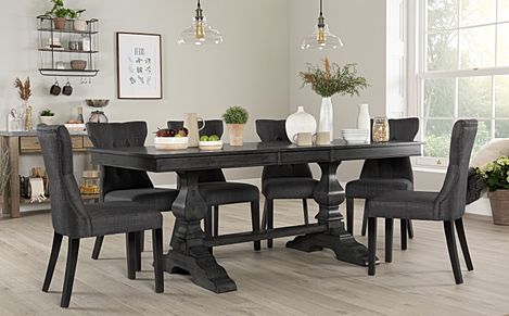 Cavendish Grey Wood Extending Dining Table with 8 Bewley Slate Fabric Chairs