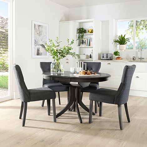 Hudson Round Extending Dining Table & 6 Bewley Chairs, Grey Solid Hardwood, Slate Grey Classic Linen-Weave Fabric, 90-120cm