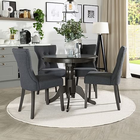 Kingston Round Dining Table & 4 Bewley Chairs, Grey Solid Hardwood, Slate Grey Classic Linen-Weave Fabric, 90cm