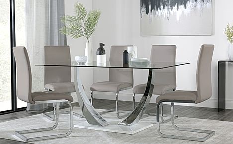 Peake Glass and Chrome Dining Table (White Gloss Base) with 4 Perth Stone Grey Leather Chairs