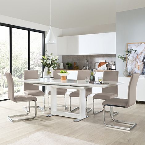 Tokyo Extending Dining Table & 6 Perth Chairs, White High Gloss, Stone Grey Classic Faux Leather & Chrome, 160-220cm