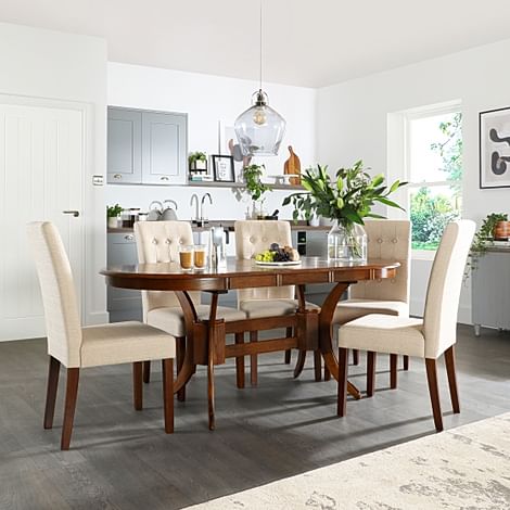 Townhouse Oval Extending Dining Table & 4 Regent Chairs, Dark Solid Hardwood, Oatmeal Classic Linen-Weave Fabric, 150-180cm