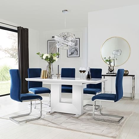 Florence Extending Dining Table & 4 Perth Chairs, White High Gloss, Blue Classic Velvet & Chrome, 120-160cm