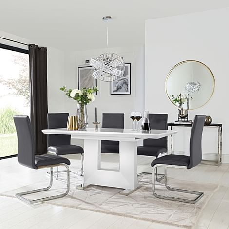 Florence Extending Dining Table & 4 Perth Chairs, White High Gloss, Grey Classic Faux Leather & Chrome, 120-160cm