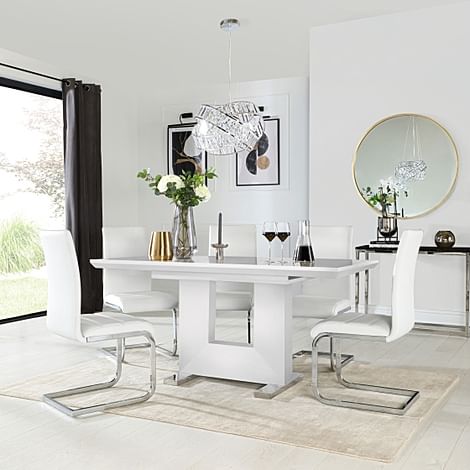 Florence Extending Dining Table & 4 Perth Chairs, White High Gloss, White Classic Faux Leather & Chrome, 120-160cm