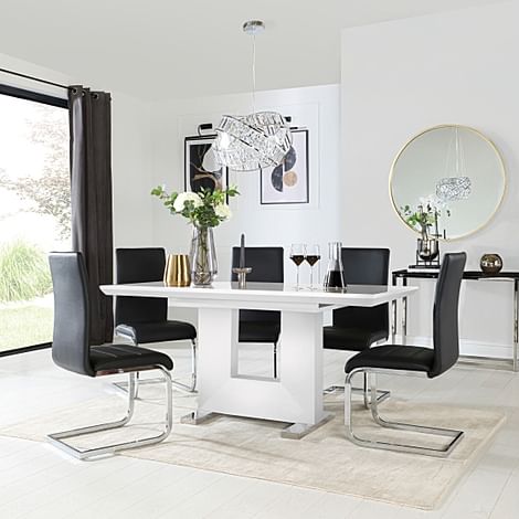 Florence Extending Dining Table & 4 Perth Chairs, White High Gloss, Black Classic Faux Leather & Chrome, 120-160cm