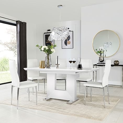 Florence Extending Dining Table & 4 Leon Chairs, White High Gloss, White Classic Faux Leather & Chrome, 120-160cm