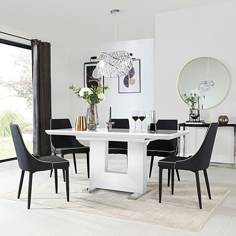 Florence Extending Dining Table & 6 Modena Chairs, White High Gloss, Black Classic Linen-Weave Fabric, 120-160cm