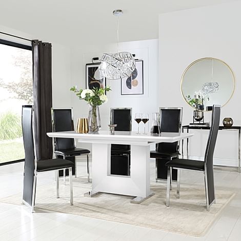 Florence White High Gloss Extending Dining Table with 6 Celeste Black Leather Chairs
