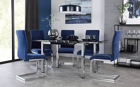 Space Chrome and Black Glass Extending Dining Table with 4 Perth Blue Velvet Chairs