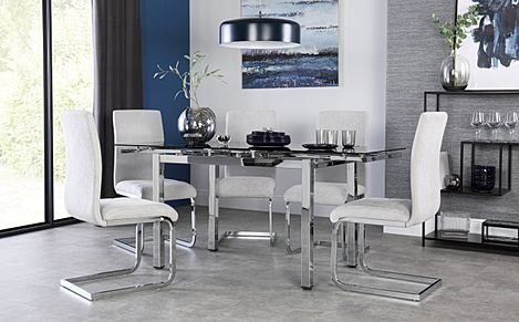 Space Chrome and Black Glass Extending Dining Table with 6 Perth Dove Grey Fabric Chairs