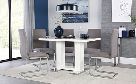Joule White High Gloss Dining Table with 6 Perth Grey Velvet Chairs