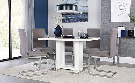 Joule Dining Table & 6 Perth Chairs, White High Gloss, Grey Classic Velvet & Chrome, 120cm