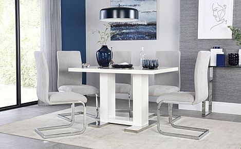 Joule Dining Table & 6 Perth Chairs, White High Gloss, Dove Grey Classic Plush Fabric & Chrome, 120cm