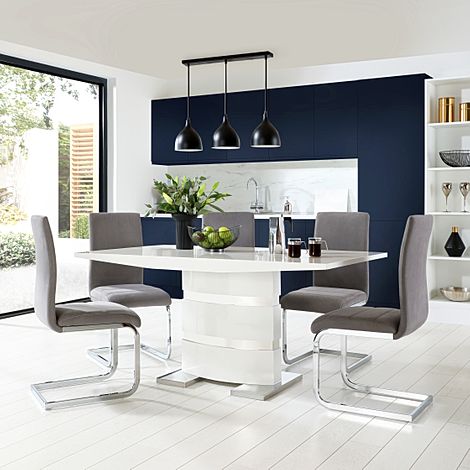 Komoro Dining Table & 6 Perth Chairs, White High Gloss & Chrome, Grey Classic Velvet, 160cm