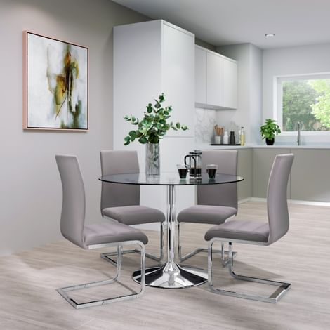 Orbit Round Chrome and Glass Dining Table with 4 Perth Grey Velvet Chairs