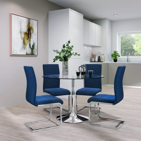 Orbit Round Chrome and Glass Dining Table with 4 Perth Blue Velvet Chairs