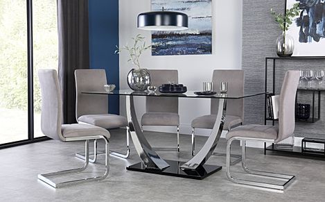 Peake Glass and Chrome Dining Table (Black Gloss Base) with 6 Perth Grey Velvet Chairs