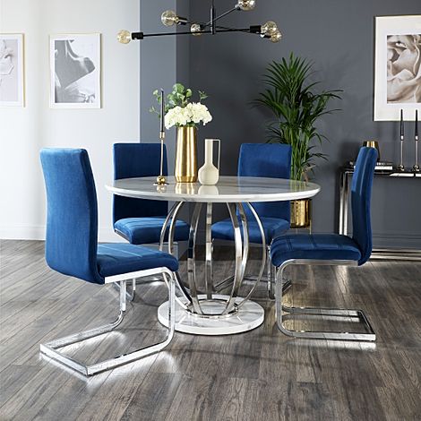 Savoy Round Dining Table & 4 Perth Chairs, White Marble Effect & Chrome, Blue Classic Velvet, 120cm