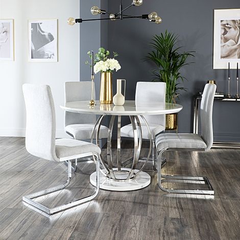 Savoy Round Dining Table & 4 Perth Chairs, White Marble Effect & Chrome, Dove Grey Classic Plush Fabric, 120cm