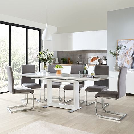 Tokyo White High Gloss Extending Dining Table with 4 Perth Grey Velvet Chairs