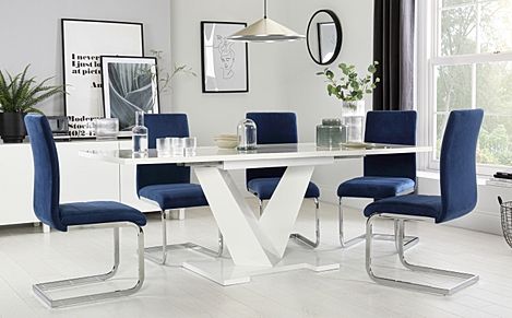 Turin White High Gloss Extending Dining Table with 4 Perth Blue Velvet Chairs