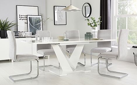 Turin White High Gloss Extending Dining Table with 4 Perth Dove Grey Fabric Chairs