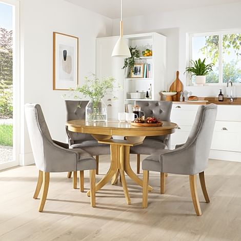 Hudson Round Extending Dining Table & 4 Duke Chairs, Natural Oak Finished Solid Hardwood, Grey Classic Velvet, 90-120cm