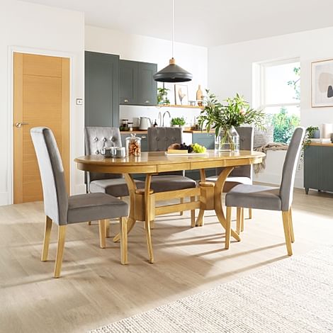 Townhouse Oval Extending Dining Table & 4 Regent Chairs, Natural Oak Finished Solid Hardwood, Grey Classic Velvet, 150-180cm
