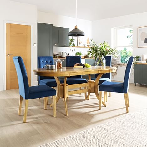 Townhouse Oval Extending Dining Table & 4 Regent Chairs, Natural Oak Finished Solid Hardwood, Blue Classic Velvet, 150-180cm