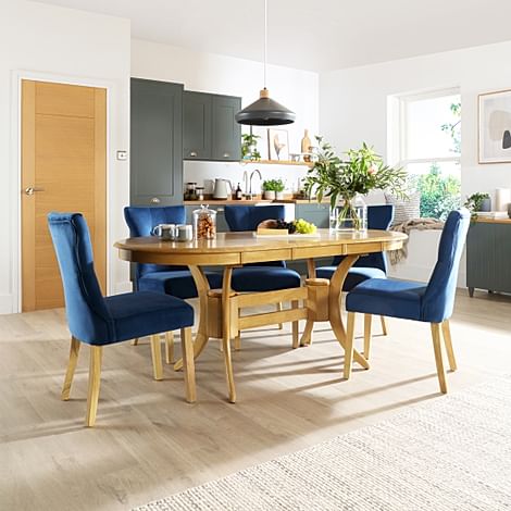 Townhouse Oval Oak Extending Dining Table with 4 Bewley Blue Velvet Chairs