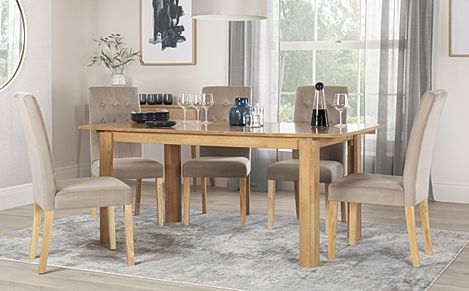 Bali Extending Dining Table & 4 Regent Chairs, Natural Oak Finished Solid Hardwood, Champagne Classic Velvet, 150-180cm