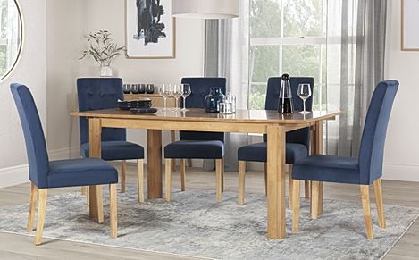 Bali Extending Dining Table & 4 Regent Chairs, Natural Oak Finished Solid Hardwood, Blue Classic Velvet, 150-180cm