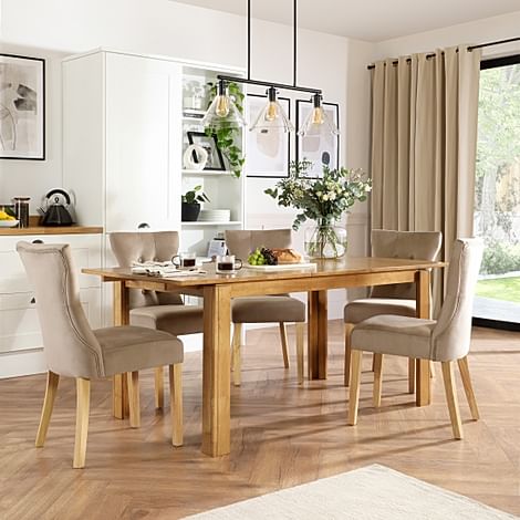 Bali Extending Dining Table & 4 Bewley Chairs, Natural Oak Finished Solid Hardwood, Champagne Classic Velvet, 150-180cm