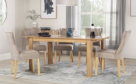 Bali Oak Extending Dining Table with 6 Bewley Mink Velvet Chairs