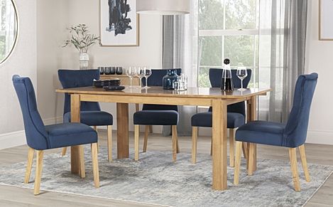 Bali Oak Extending Dining Table with 6 Bewley Blue Velvet Chairs