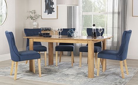 Bali Extending Dining Table & 6 Bewley Chairs, Natural Oak Finished Solid Hardwood, Blue Classic Velvet, 150-180cm