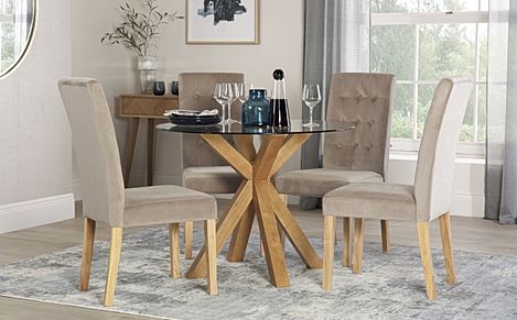 Hatton Round Dining Table & 4 Regent Chairs, Glass & Natural Oak Finished Solid Hardwood, Champagne Classic Velvet, 100cm