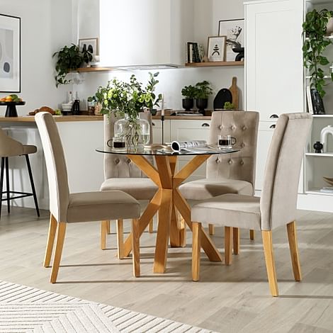 Hatton Round Dining Table & 4 Regent Chairs, Glass & Natural Oak Finished Solid Hardwood, Champagne Classic Velvet, 100cm