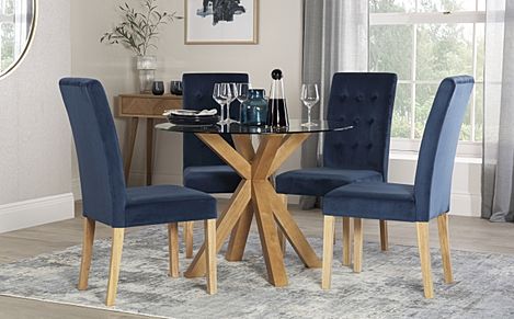Hatton Round Dining Table & 4 Regent Chairs, Glass & Natural Oak Finished Solid Hardwood, Blue Classic Velvet, 100cm