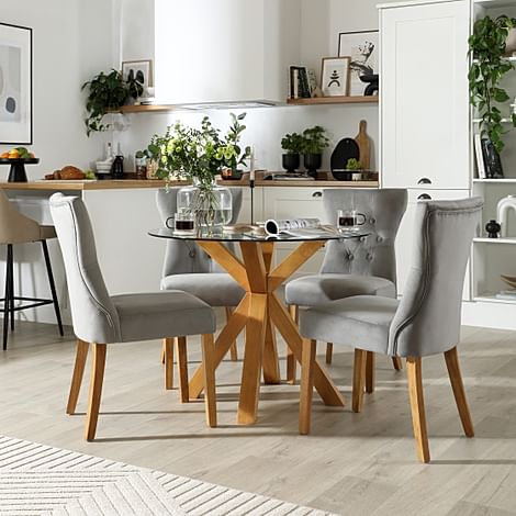 Hatton Round Dining Table & 4 Bewley Chairs, Glass & Natural Oak Finished Solid Hardwood, Grey Classic Velvet, 100cm